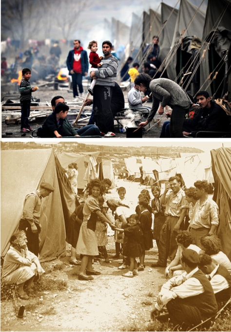 فوق: مخيم للاجئين السوريين-2015... تحت: مخيم للمستوطنين الصهاينة- 1948